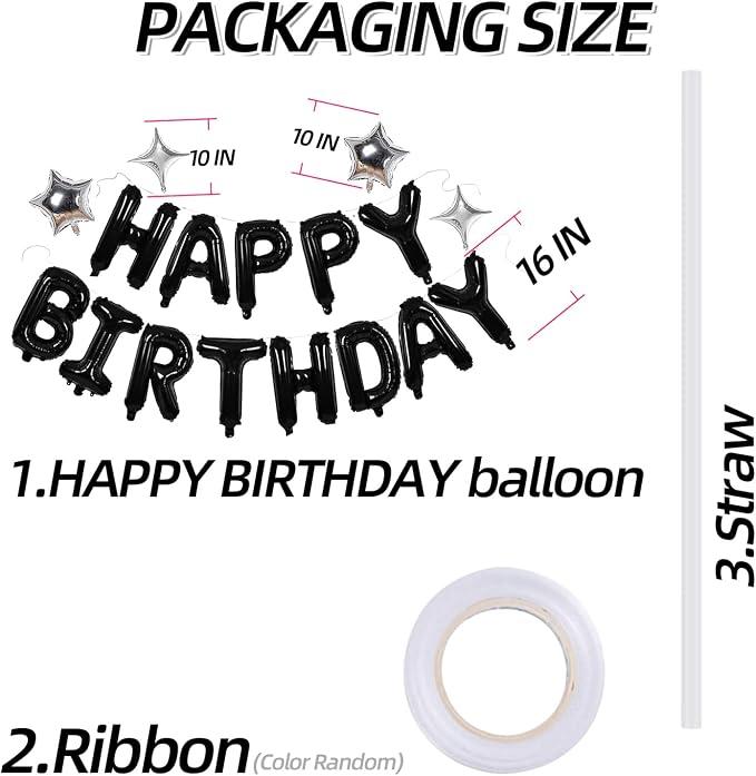 Black Happy Birthday Balloons Banner Sign Mylar letter Party Decoration | - Image 3
