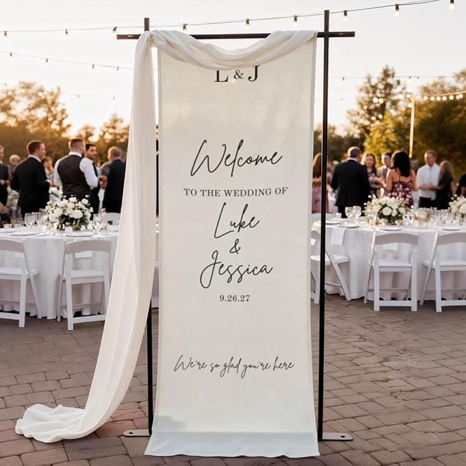 Personalized Wedding Welcome Banner Linen – Custom Names & Date, Elegant Fabric by Custom
