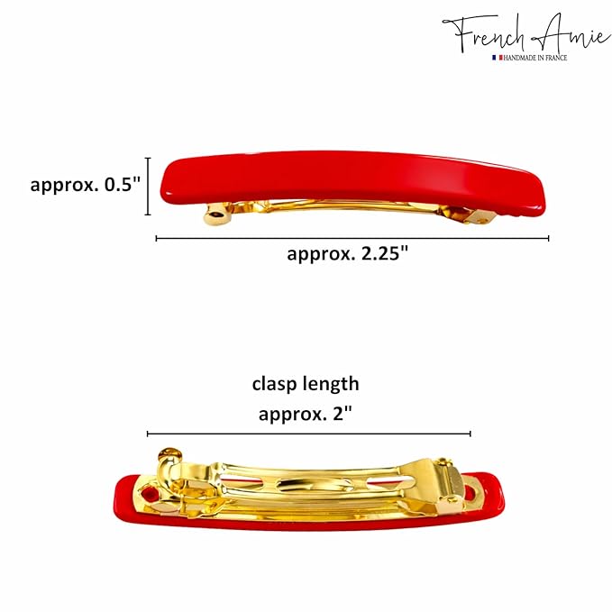 French Amie Rectangular Handmade Small Hair Barrette 2 1/4 Inch with Metal Clasp, Cellulose Acetate Hair Clip Grip for Women & Girls, Strong Hold for Fine Hair, Bangs, and Half-Up Styling (Red)