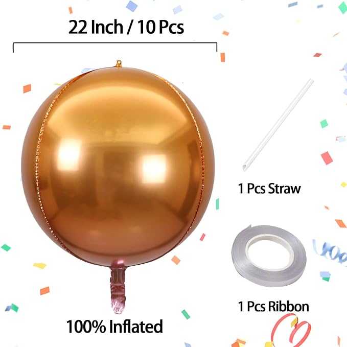 22 Inch Metallic Orange Mylar Balloons, Large Giant Round 4D Foil Balloons - Image 2