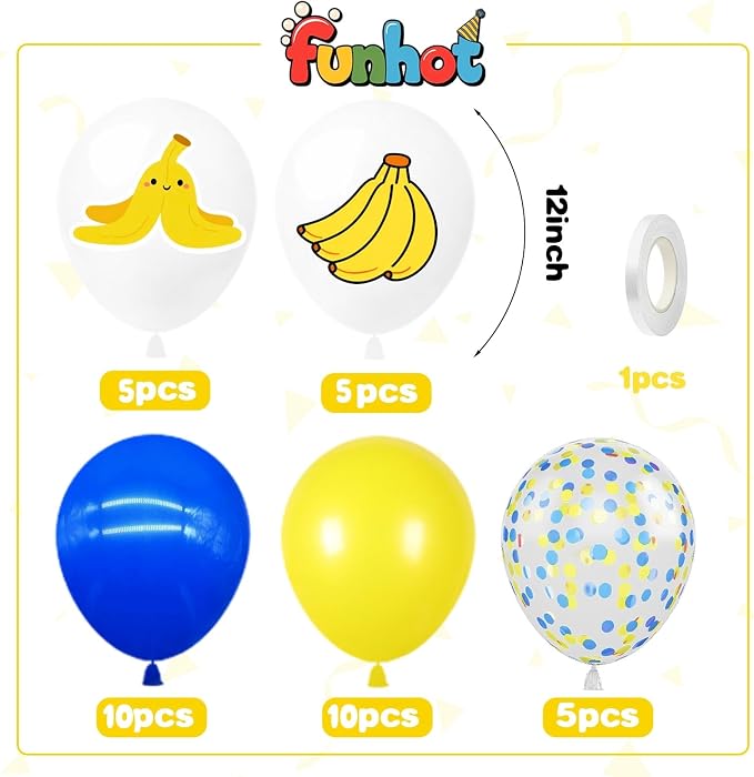 Blue and Yellow Balloons, 12 Inch Banana Print Blue Yellow Gold Confetti Balloon - Image 2