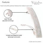 French Amie Oblong 3.5" Celluloid Handmade No Slip Hair Clip Barrette for Women, Made in France (Frost White)