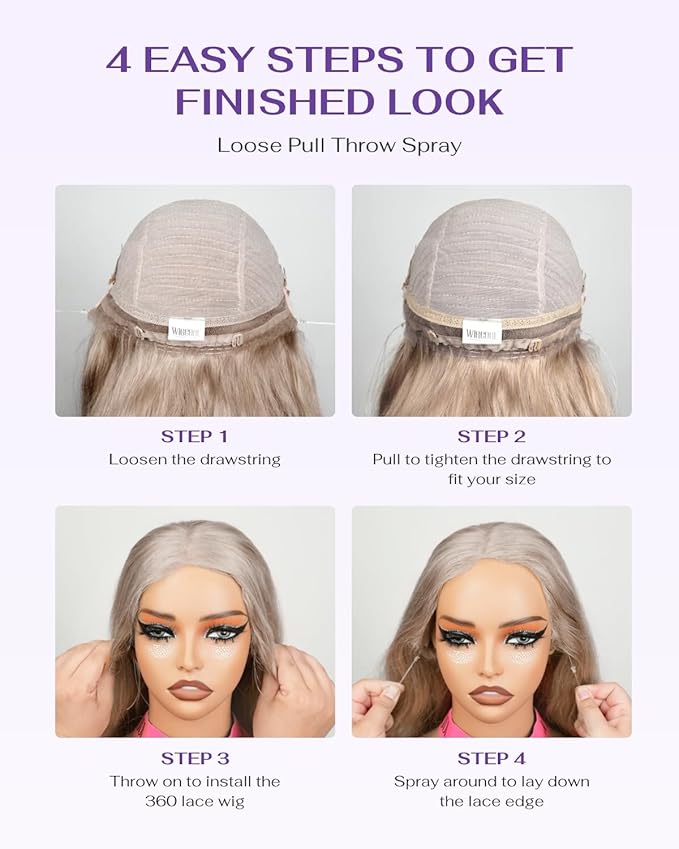 Hidden Strap Milk Tea Ash Blonde Wig Human Hair Body Wave 360 Lace Front Wig Human Hair Ombre Glueless Wigs Pre Bleached Bleached Knots 180% Density Drawstring HD Full Lace Wigs 22Inch