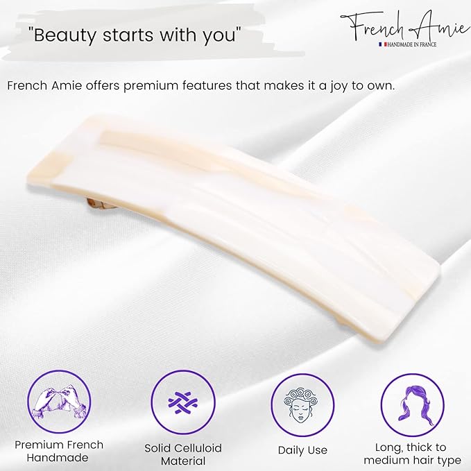 French Amie Fine 1" Wide Rectangular Celluloid Handmade Ivory Automatic Hair Barrettes for Women French Hair Clips