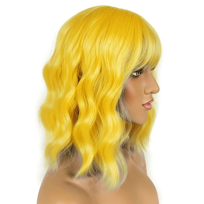 LANICE Yellow Wig Short Bob Wigs with Bangs for Women Loose Wavy Hair Shoulder Length Wigs Synthetic Colorful Wigs for Cosplay Daily PartyUse(Yellow，12inch)