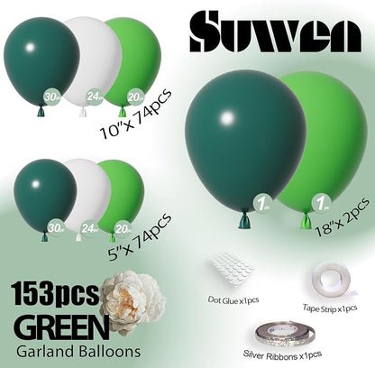 SUWEN 153Pcs Green Balloon Arch Kit Garland 18 10 5 Inch Emerald Dark White | - Image 2