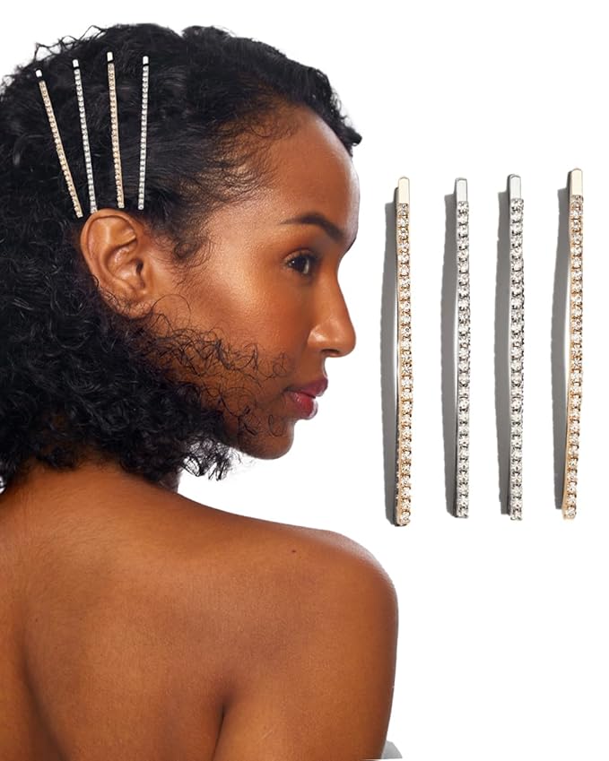 Kitsch Rhinestone Bobby Pins for Women, Stylish and Decorative Hair Accessories | Extra Long Rhinestone Hair Clips for Events | Ideal Gifts for Women - Set of 4, Gold and Silver