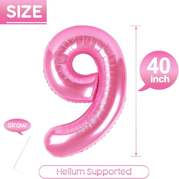 9 Balloon - Pink Birthday Number Balloons, 40 Inch Decorations Men Women | Pink - Image 4