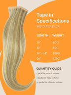DOORES Hair Extensions Tape in Human Hair, Light Blonde Highlighted Golden Blonde 20 Inch 40pcs 100g, Tape in Hair Extensions Reamy Straight Hair Natural Hair