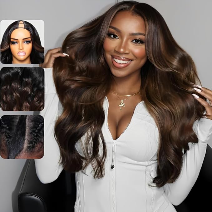 KLAIYI Ombre Brown V Part Wig Body Wave Human Hair Upgrade U Part Wig with Dark Roots Glueless Chestnut Brown Clip in Half Wig No Glue No Leave Out Beginner Wigs for Women Wear and Go Wig 150% 14Inch
