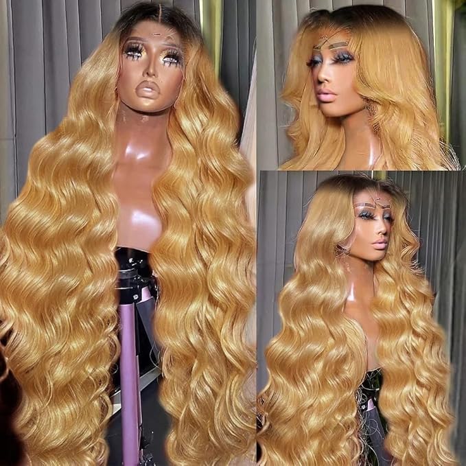 AMIRTY 200% density 13x6 Honey Blonde Lace Front Wigs Human Hair 13x6 Body Wave Lace Front Wig Human Hair Wigs for Women Ombre HD Transparent Lace Frontal Wig Pre Plucked with BabyHair 30inch