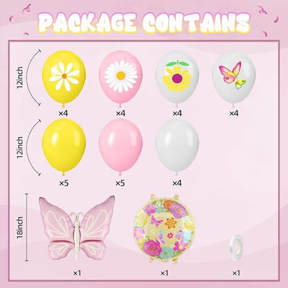 Flower Balloons, 12 Inch Pink Yellow White Daisy Printed Balloon, Butterfly - Image 2