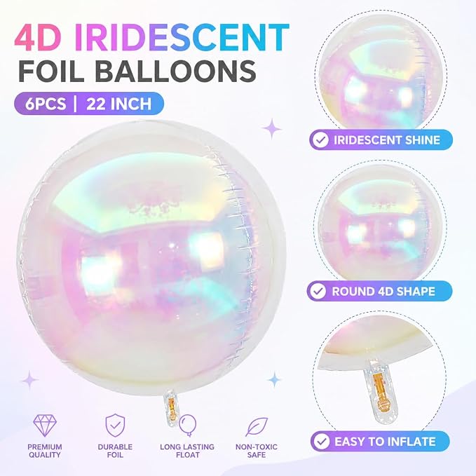 6Pcs Iridescent Round Foil Balloons, Giant 4D Clear Round Ball Balloon - Image 2