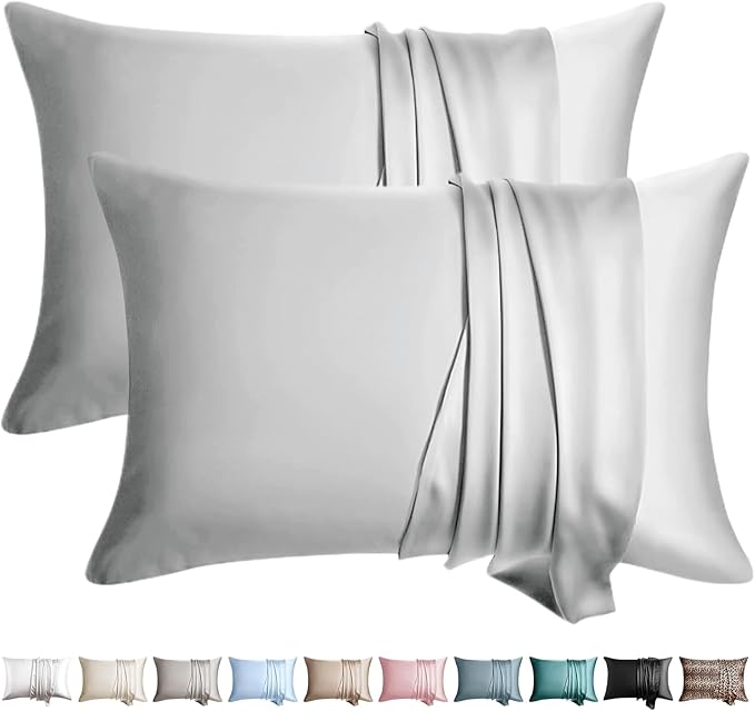 100% Silk Pillow Cases 2 Pack Standard Size Mulberry Silk Pillowcase for Hair and Skin Set of 2 Highest Grade 6A Silk Soft Breathable Cooling with Hidden Zipper, Light Grey