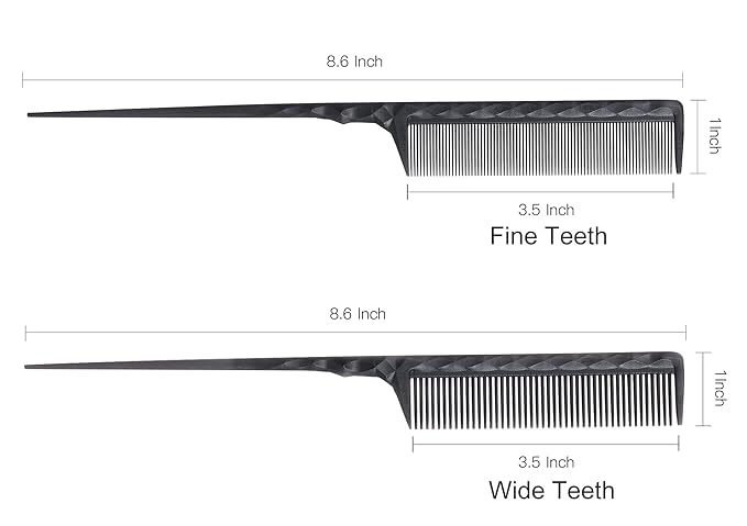 PERFEHAIR Heat Resistant Rat Tail Combs for Flat Iron Straightening, 2 Pieces Carbon Fiber Anti Static Styling Combs for Women, Fine and Wide Teeth, Black