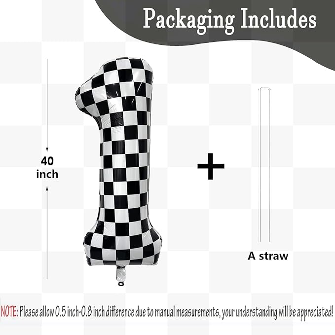 40 Inch Checkered Number Balloon 1 Black and White Number 1 Balloon Foil Helium - Image 2