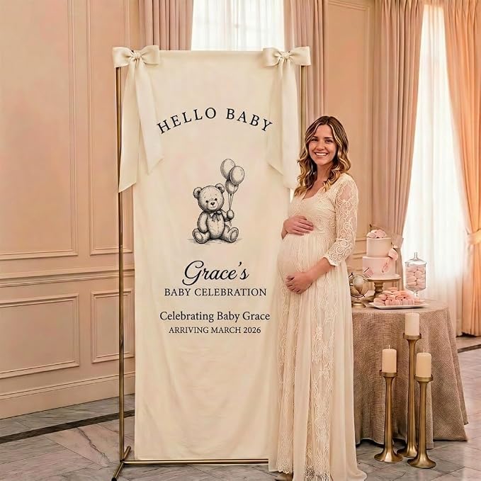 Personalized Baby Shower Fabric Welcome Sign Bear Hello Baby Linen Backdrop | - Image 2