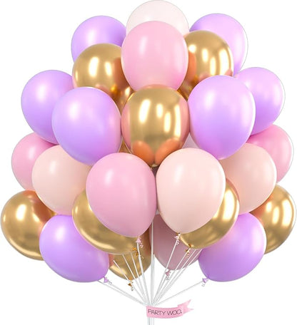 PartyWoo Pink Purple and Gold Balloons 66pcs Baby Pink Purple Gold Balloons | by PartyWoo