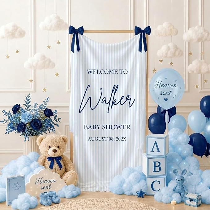 Custom Blue Striped Baby Shower Fabric Sign Hello Baby Linen Backdrop 1 | - Image 3