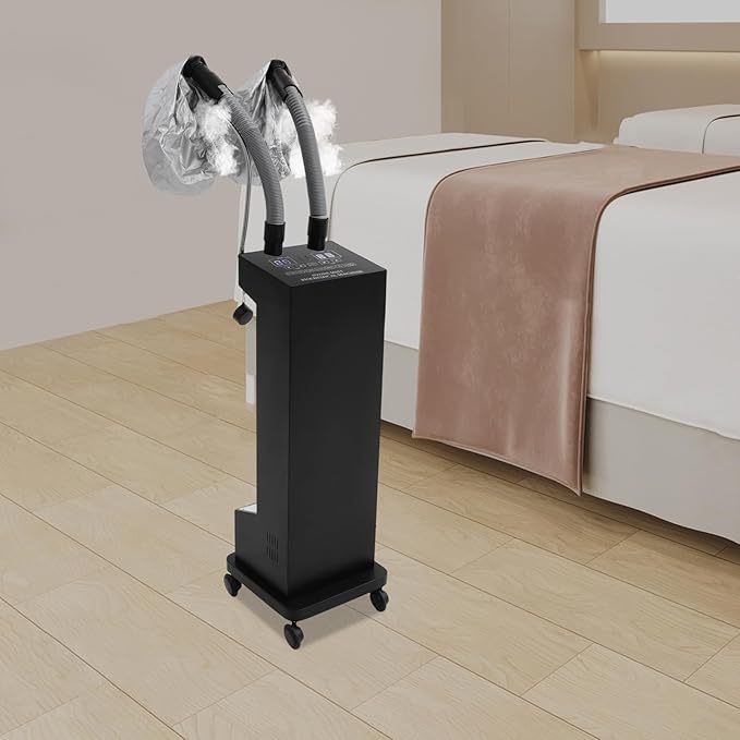 Professional Double-Barreled Hair Steamer with LED Display, 650W Vertical Micro Mist Hair Color Processor for SPA, Salon & Home, Hair Care Machine with Wheels, 5 Modes (Black)