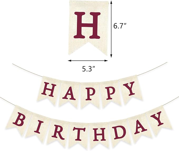 Burgundy Happy Birthday Banner Pre-strung Burlap Bunting Party Backdrop Sign - Image 2
