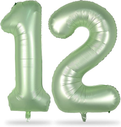 Sage Green Balloon Numbers 12, 40 Inch Big Foil Mylar Number 1 & 2 Helium by Lingqiang