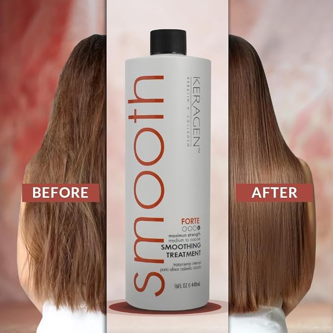 KERAGEN - Brazilian Smoothing Keratin Hair Treatment, Blowout Straightening System for Dry and Damaged Hair - Forte, Sulfate Free - Eliminates Curls and Frizz, Medium to Coarse Hair (16 Oz)