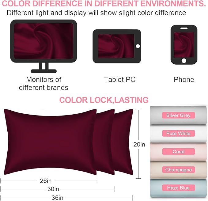 Mulberry Silk Pillow Cases King Size with Hidden Zipper, Ultra Smooth and Soft Breathable Cooling Silk Satin Pillowcase for Hair and Skin, Gifts for Women Men (Burgundy Red, 20x36 Inches, 1 Pack)