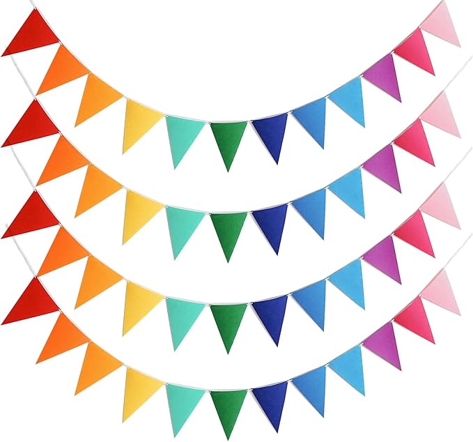 4 Strings 48PCS Rainbow Pennant Banner Flags | Colorful Triangle Felt Banner Kit by AULEGE