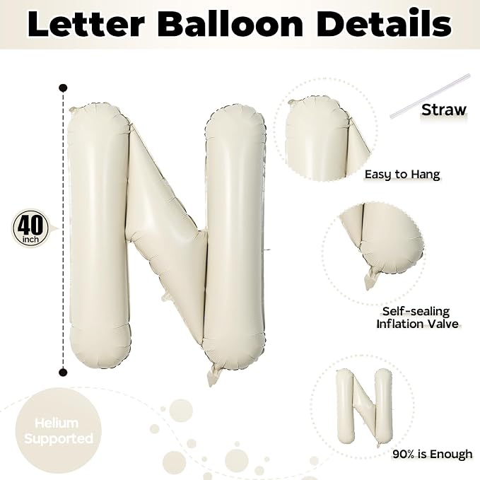 N Letter Balloons Cream, 40 Inch Alphabet Foil Word Balloon, Large Mylar - Image 2