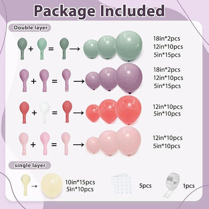Dusty Green Purple Pink Balloons Arch Kit, Double Stuffed Pastel Balloon Garland - Image 2