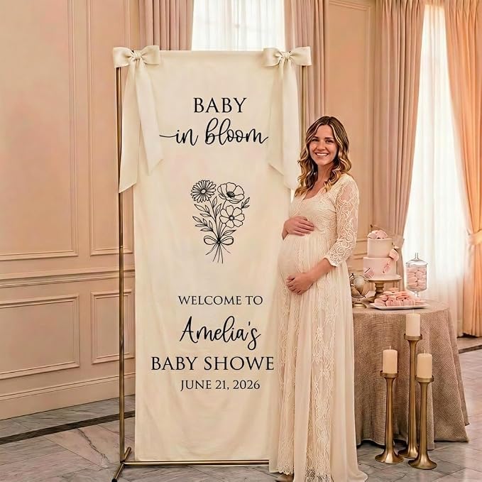 Personalized Baby in Bloom Baby Shower Fabric Welcome Sign Linen Backdrop 2 | - Image 2