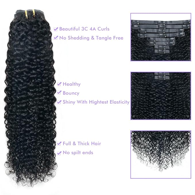 Seamless 3C 4A Kinky Curly Clip In Extension PU Weft Curly Clip in Extension Human Hair Clip Ins Full Head for Black Women Brazilian Remy Human Hair Natural Color 8Pcs with18clips 120g/Set (16 inch)