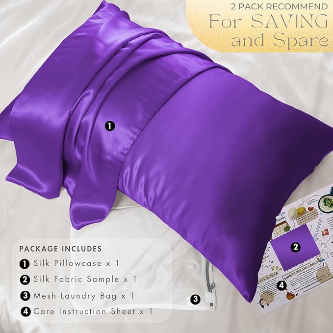 PROMEED Upgraded Grade 6A+ Purple Silk Pillowcase with Zipper, 23 Momme Natural Mulberry Silk Pillow Cases for Hair and Skin - Easy Care with Laundry Bag (King 20"x36", Purple)