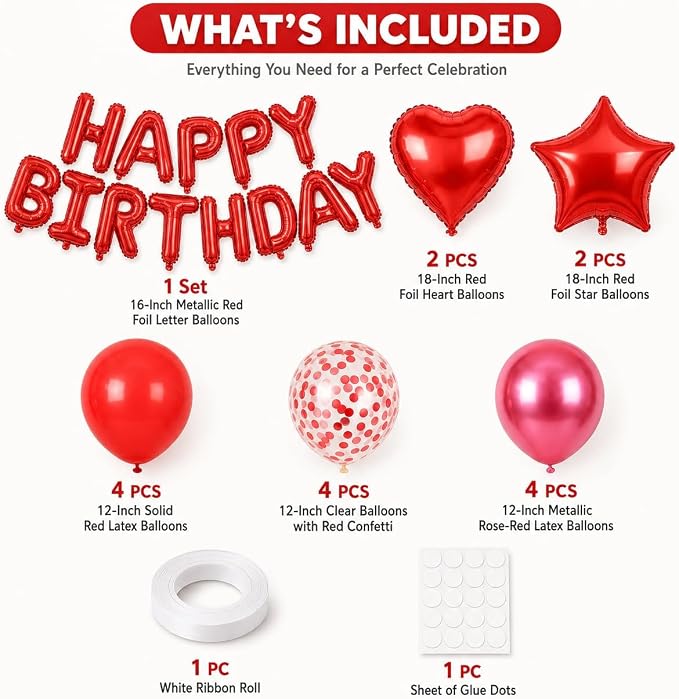 29PC Red Happy Birthday Balloon Banner, 16 Inch 3D Aluminum Letter Banner Sign - Image 2