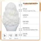 White Wig for Women, 18 Inch Middle Part Wavy Curly Wigs Synthetic Heat Resistant Soft deep wave Wig for Women Daily Use (White, 18 Inch)