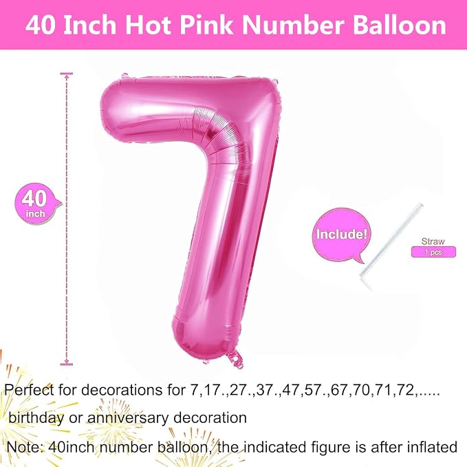 Pink Number Balloons, Large Hot pink Number 7 Balloon 40 Inch Pink 7 Balloon - Image 2