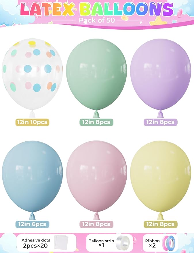 Pastel Balloons, Pastel Rainbow Balloons, Polka Dot Balloons | 50 Pcs 12 Inch - Image 5