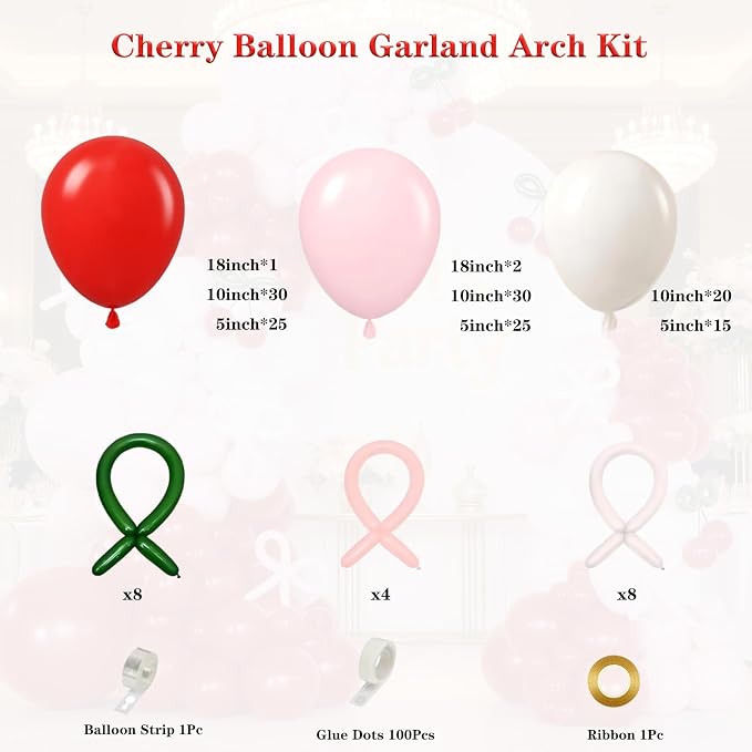 Cherry Red Balloon Garland Arch Kit, Bow Pastel Pink White 260 Balloons - Image 2