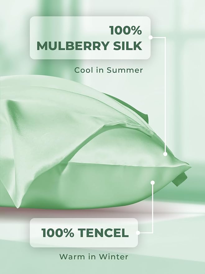 Mulberry Silk Pillowcase for Hair and Skin, SGMSILK 22 Momme Natural Silk Pillow Cases with Zipper, 6A Soft and Smooth Single Sided Pure Silk Pillow Cover (Light Green, King 20"x36")