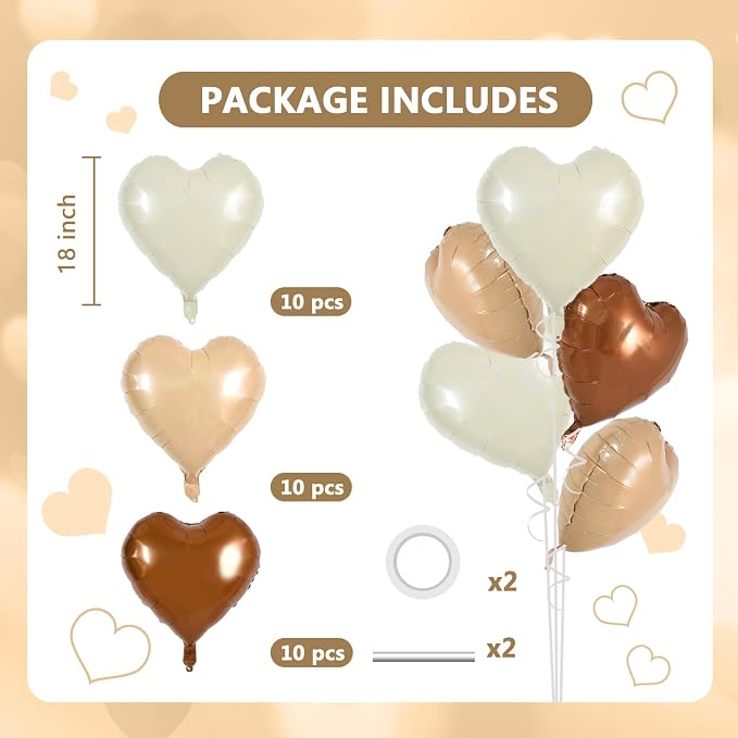 TONIFUL 30 Pcs Brown Cream Heart Foil Balloons | 18Inch Neutral Beige & Nude - Image 2
