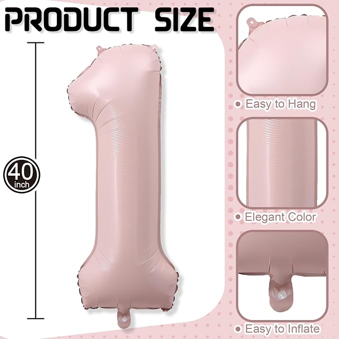 Big Number 1 Balloons, Dusty Light Pink Foil 1 Balloon Numbers 40 Inch - Image 2
