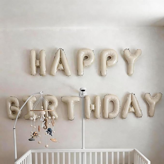 Happy Birthday Balloons Banner Beige, 16 Inch Cream White Foil Letters Birthday - Image 4