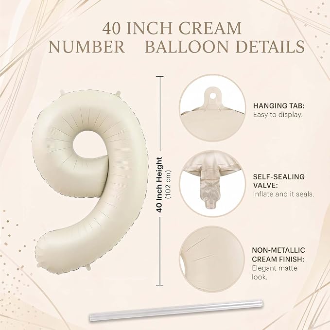 Cream Number 9 Balloon 40 Inch, Foil Numeral - Image 4