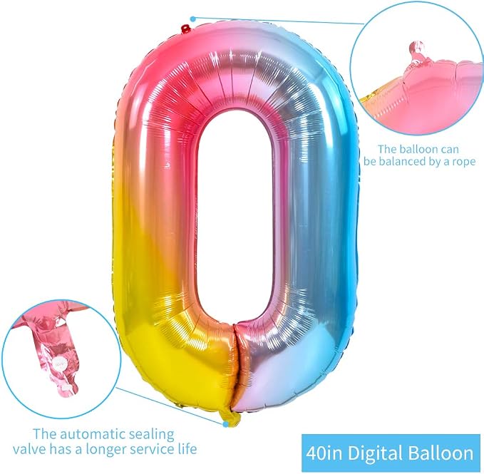 TONIFUL 40 Inch Rainbow Large Numbers Balloons 0-9, Number 0 Digital 0 Helium - Image 2