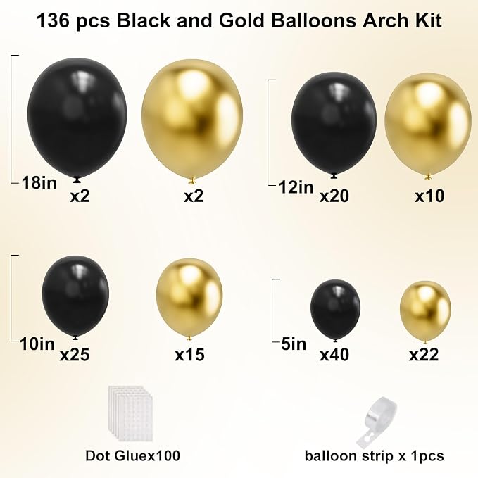 YMSZ Black and Gold Balloons Arch Kit, Graduation Balloons Decorations | 136pcs - Image 2