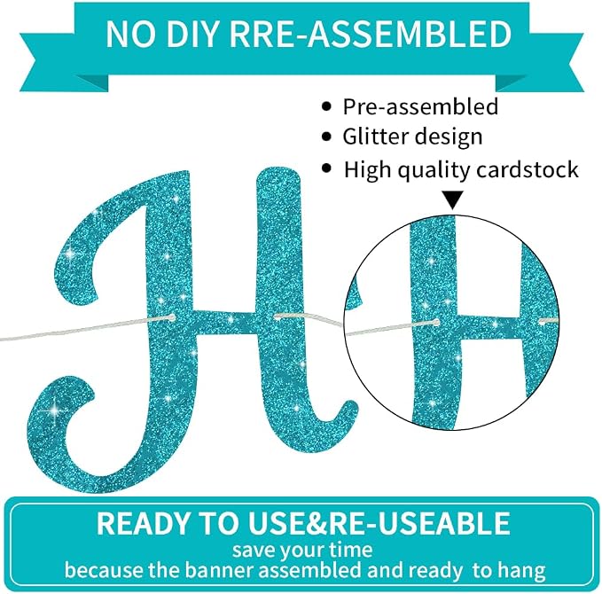 BEISHIDA Glitter Lake Blue Happy Birthday Banner Party Decoration NO DIY | - Image 2