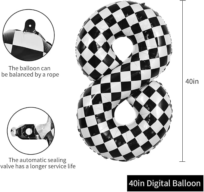 TONIFUL 40 Inch Large Checkered Number 8 Balloon 8th Birthday Decorations | 8th - Image 2