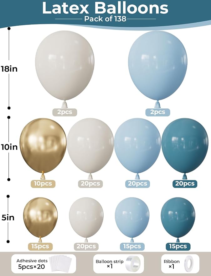 Dusty Blue Balloon Arch Garland Kit, Slate Fog, Baby Blue and Gold Balloons - Image 2
