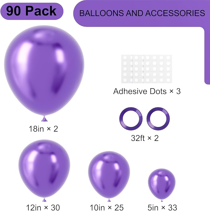 Voircoloria 90pcs Metallic Purple Balloons Arch Kit, 18 12 10 5 Inch | - Image 2